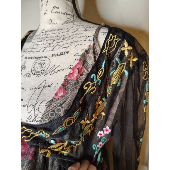 Wayward Fancies Medium Black Dress Flower Embroidery Tulle Overlay Boho Festival - Picture 6 of 8